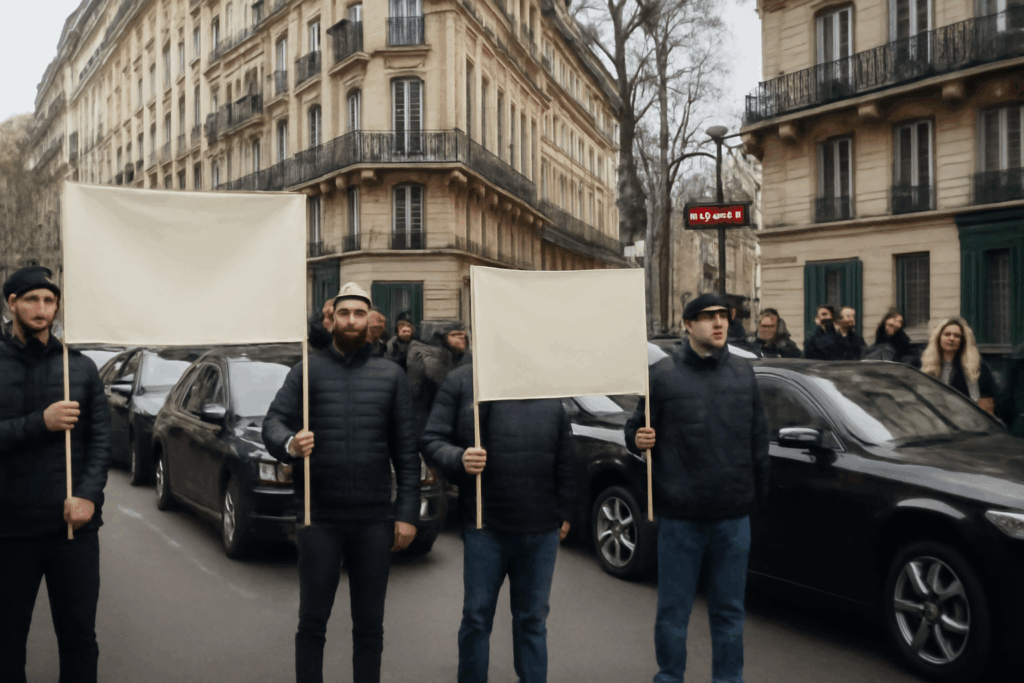 Manifestation de chauffeurs VTC dans les rues de Paris, mobilisation pour la justice sociale face aux plateformes.